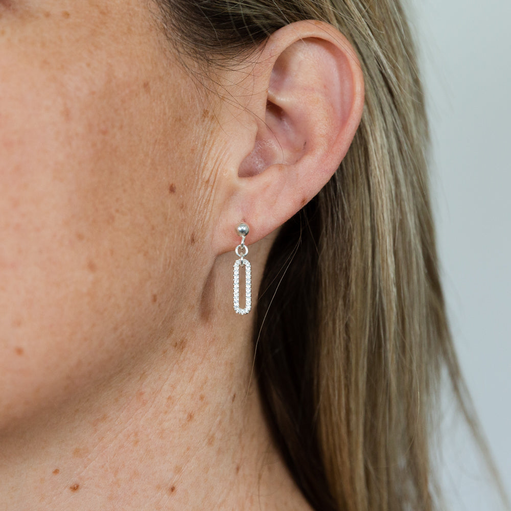 Sterling Silver Cubic Zirconia On Open Rectangle Drop Earrings