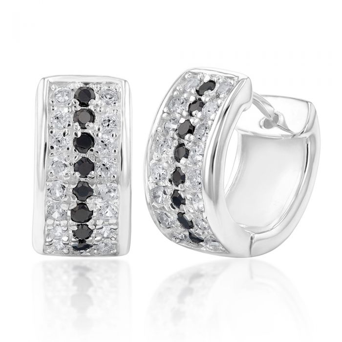 Sterling Silver Oval Black +White Cubic Zirconia Huggy Earring