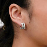 Sterling Silver Oval Black +White Cubic Zirconia Huggy Earring