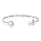 Sterling Silver Rhodium Plated Fresh Water Pearl And Cubic Zirconia Open Bangle