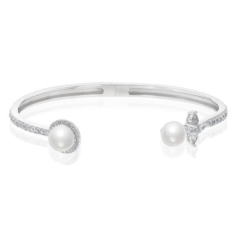 Sterling Silver Rhodium Plated Fresh Water Pearl And Cubic Zirconia Open Bangle