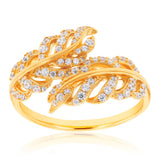 Sterling Silver Gold Plated Cubic Zirconia Feather Crossover Ring