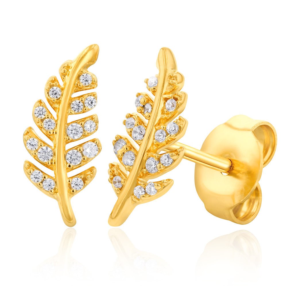 Sterling Silver Gold Plated Cubic Zirconia On Feather Stud Earrings