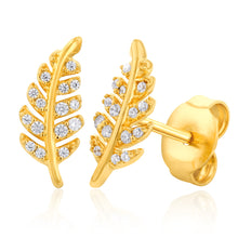 Load image into Gallery viewer, Sterling Silver Gold Plated Cubic Zirconia On Feather Stud Earrings