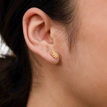 Sterling Silver Gold Plated Cubic Zirconia On Feather Stud Earrings