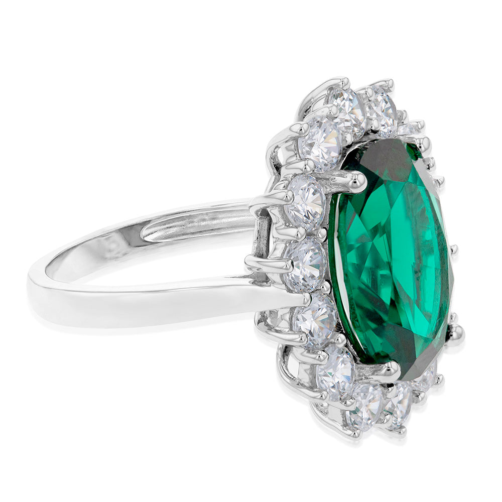 Sterling Silver Rhodium Plated  Emerald-Green Cubic Zirconia Oval Ring