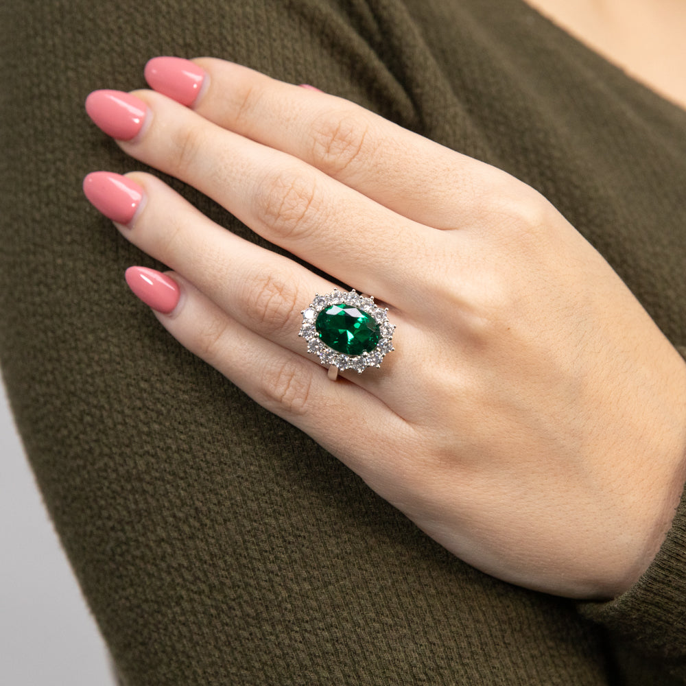 Sterling Silver Rhodium Plated  Emerald-Green Cubic Zirconia Oval Ring