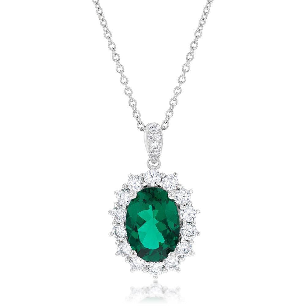 Sterling Silver Rhodium Plated Emerald-Green Cubic Zirconia Oval Pendant On Chain