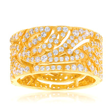 Load image into Gallery viewer, Sterling Silver Gold Plated Cubic Zirconia On Feather Broad Ring