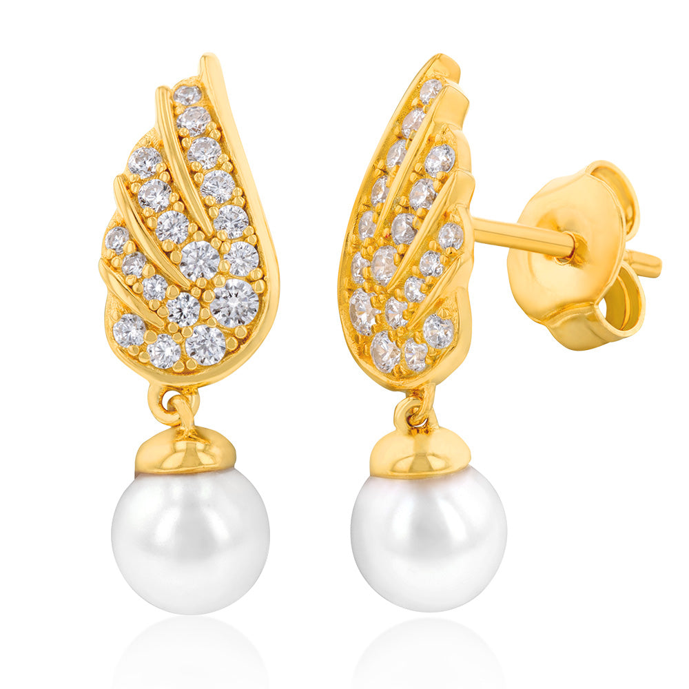 Gold Plated Silver Fresh Water Pearl & Cubic Zirconia On Wings  Drop Earrings