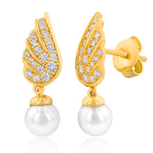 Load image into Gallery viewer, Gold Plated Silver Fresh Water Pearl &amp; Cubic Zirconia On Wings  Drop Earrings