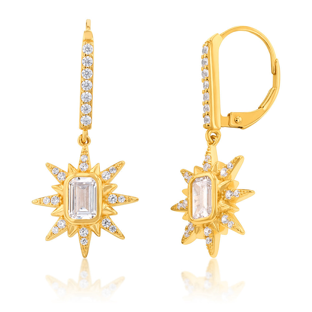 Sterling Silver Gold Plated Cubic Zirconia On Star Drop Earrings