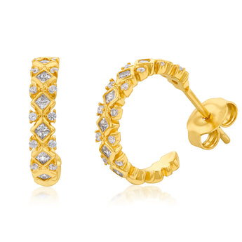 Sterling Silver Gold Plated Cubic Zirconia On Fancy Half hoop Earring