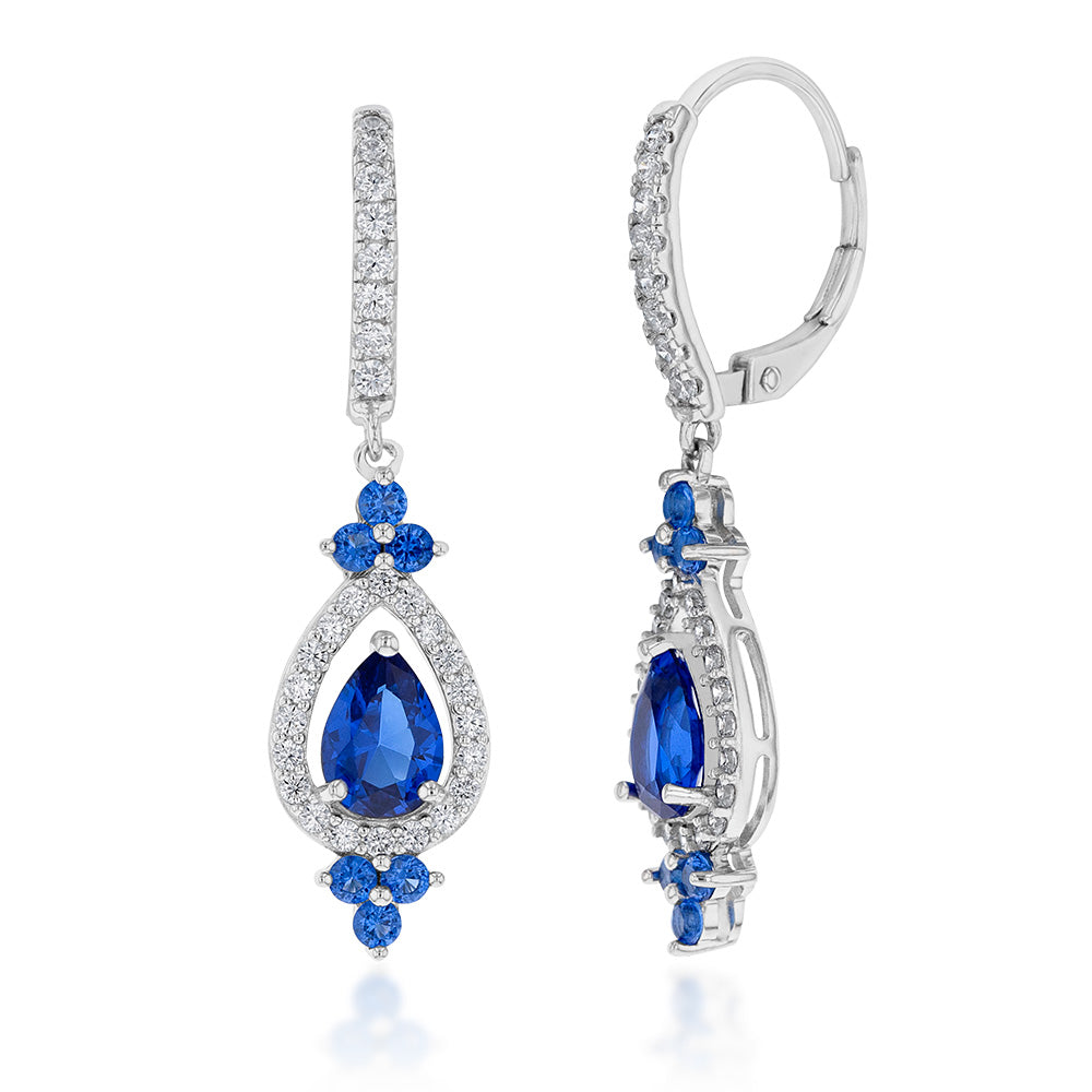 Sterling Silver Rhodium Plated Sapphire Blue & White Cubic Zirconia Drop Earring