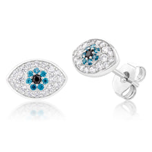 Load image into Gallery viewer, Sterling Silver Rhodium Plated Black White Cubic Zirconia Evil Eye Stud Earring