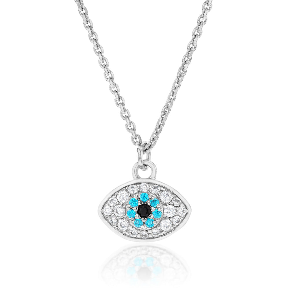 Sterling Silver Rhodium Plated White Black Cubic Zirconia Evil Eye Pendant on Chain