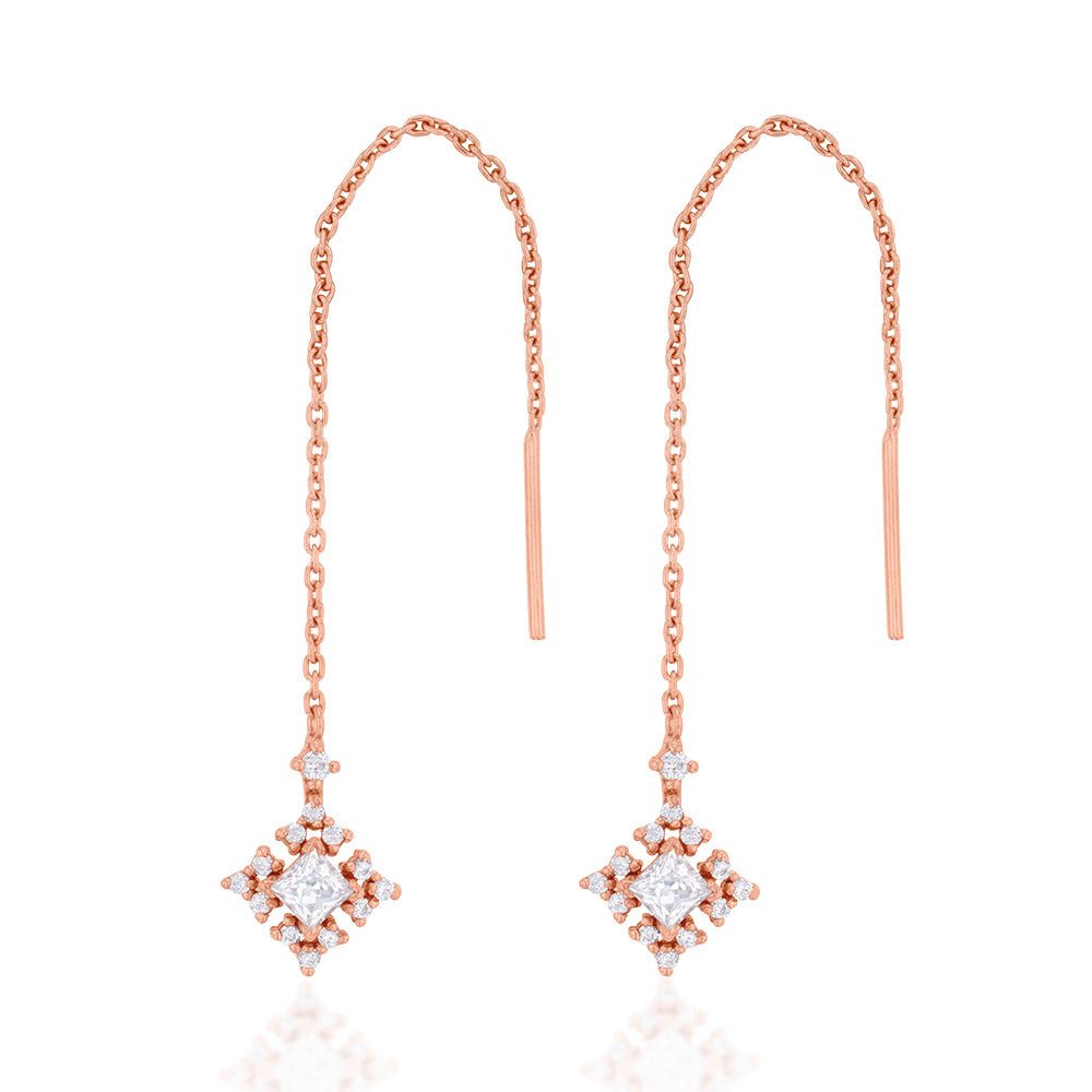 Sterling Silver Rose Gold Plated Cubic Zirconia On Snowflake Threader Earrings