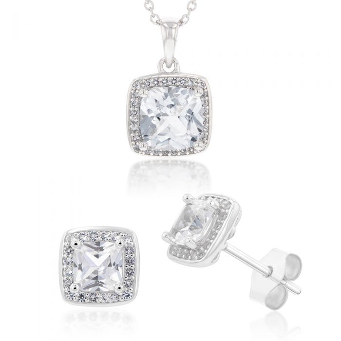 Natural White Sapphire Cushion Cut Pendant and Earring Set on Chain in Silver
