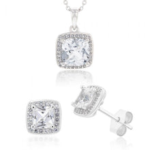 Load image into Gallery viewer, Natural White Sapphire Cushion Cut Pendant and Earring Set on Chain in Silver