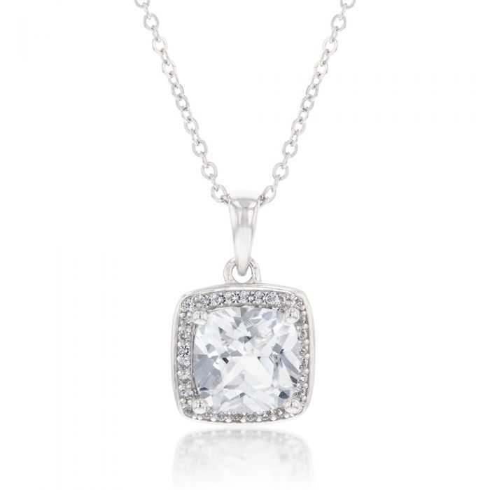 Natural White Sapphire Cushion Cut Pendant and Earring Set on Chain in Silver