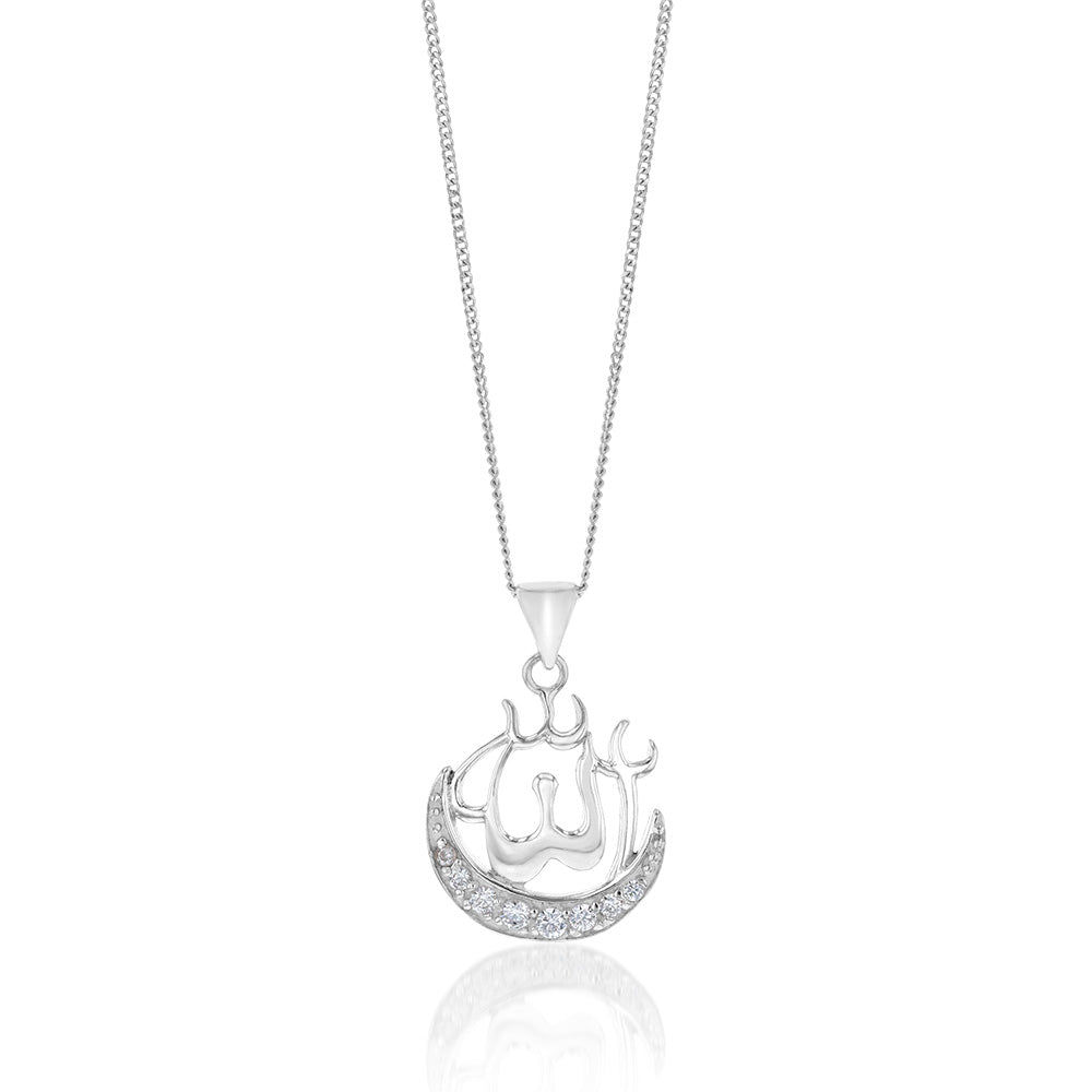 Sterling Silver Cubic Zirconia On Moon And Allah Pendant