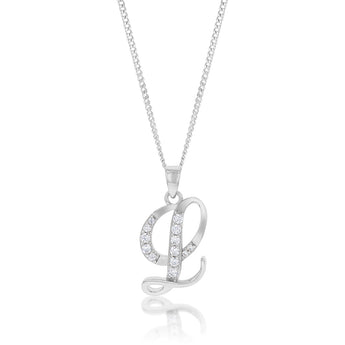 Sterling Silver Rhodium Plated Cubic Zirconia Script "L" Initial Pendant