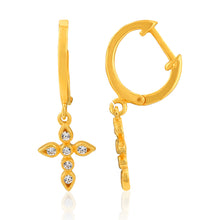 Load image into Gallery viewer, Sterling Silver Gold Plated Cubic Zirconia Cross On Hoops Earrings