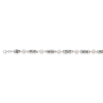 Sterling Silver Rhodium Finish Pearl And Silver Mesh 19cm Bracelet