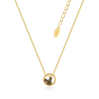 Disney Gold Plated Sterling Silver Mickey Black CZ Medallion Pendant On Chain
