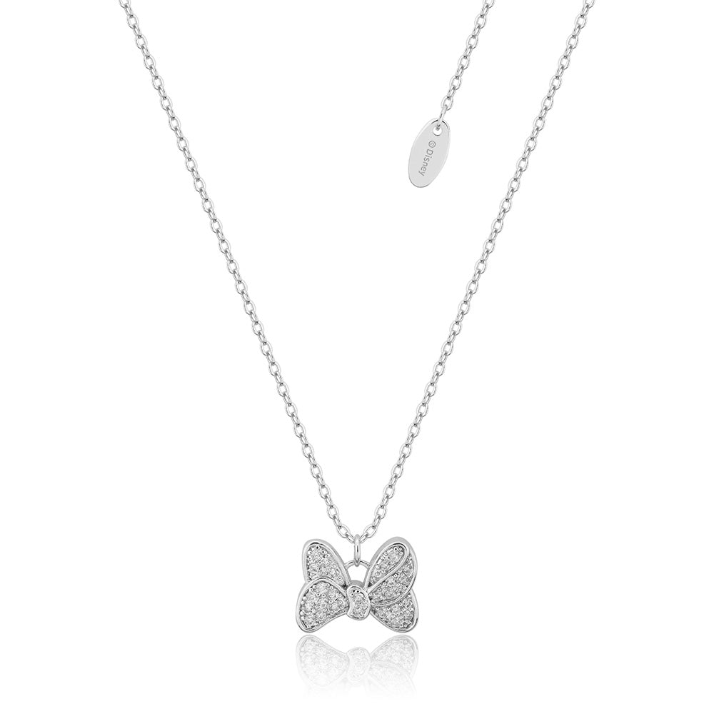 Disney Rhodium Plated Sterling Silver Minnie Mouse CZ Bow Pendant On Chain
