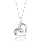 Sterling Silver White Cubic Zirconia And Inscription On Double Heart Pendant