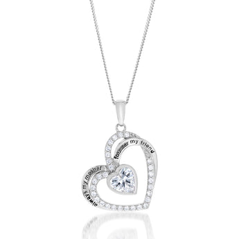 Sterling Silver White Cubic Zirconia And Inscription On Double Heart Pendant