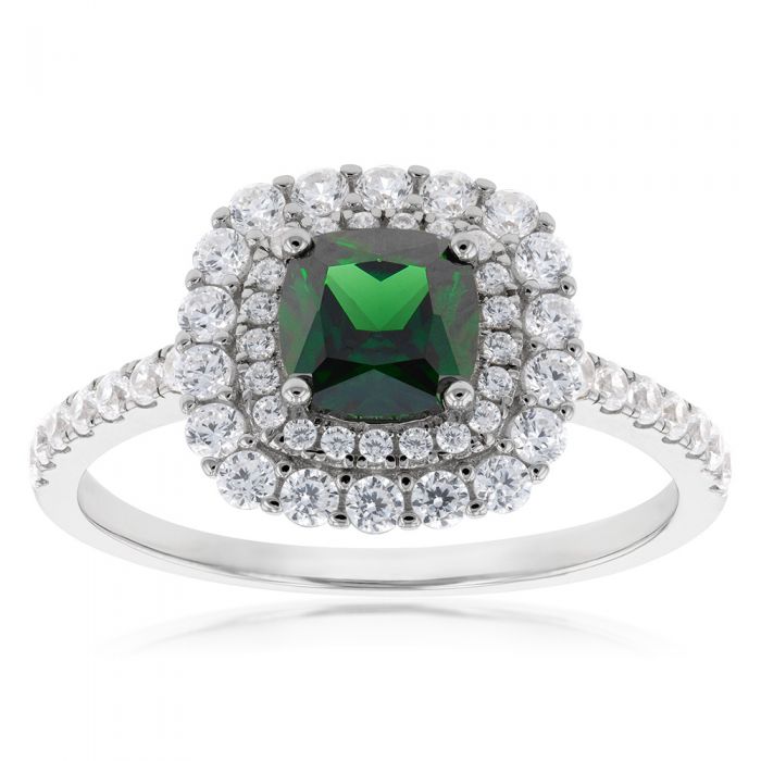 Sterling Silver Rhodium Plated Green And White Cubic Zirconia Cushion Ring