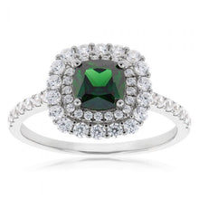 Load image into Gallery viewer, Sterling Silver Rhodium Plated Green And White Cubic Zirconia Cushion Ring