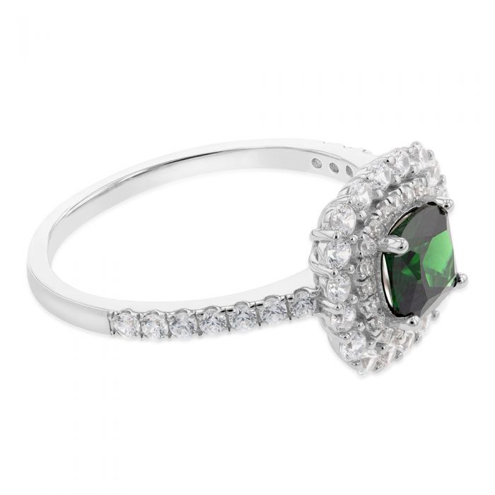 Sterling Silver Rhodium Plated Green And White Cubic Zirconia Cushion Ring