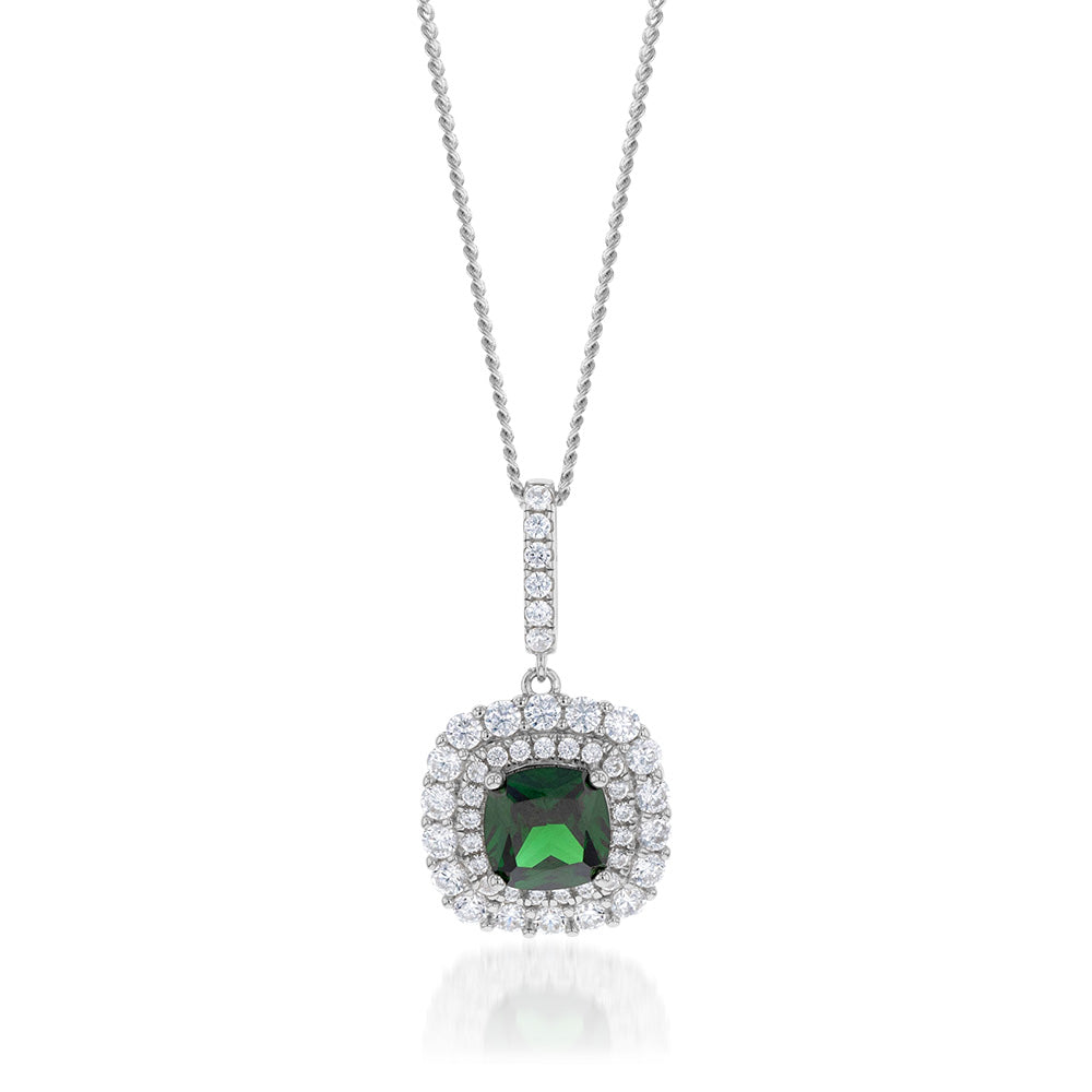 Sterling Silver Rhodium Plated Green And White Cushion Pendant
