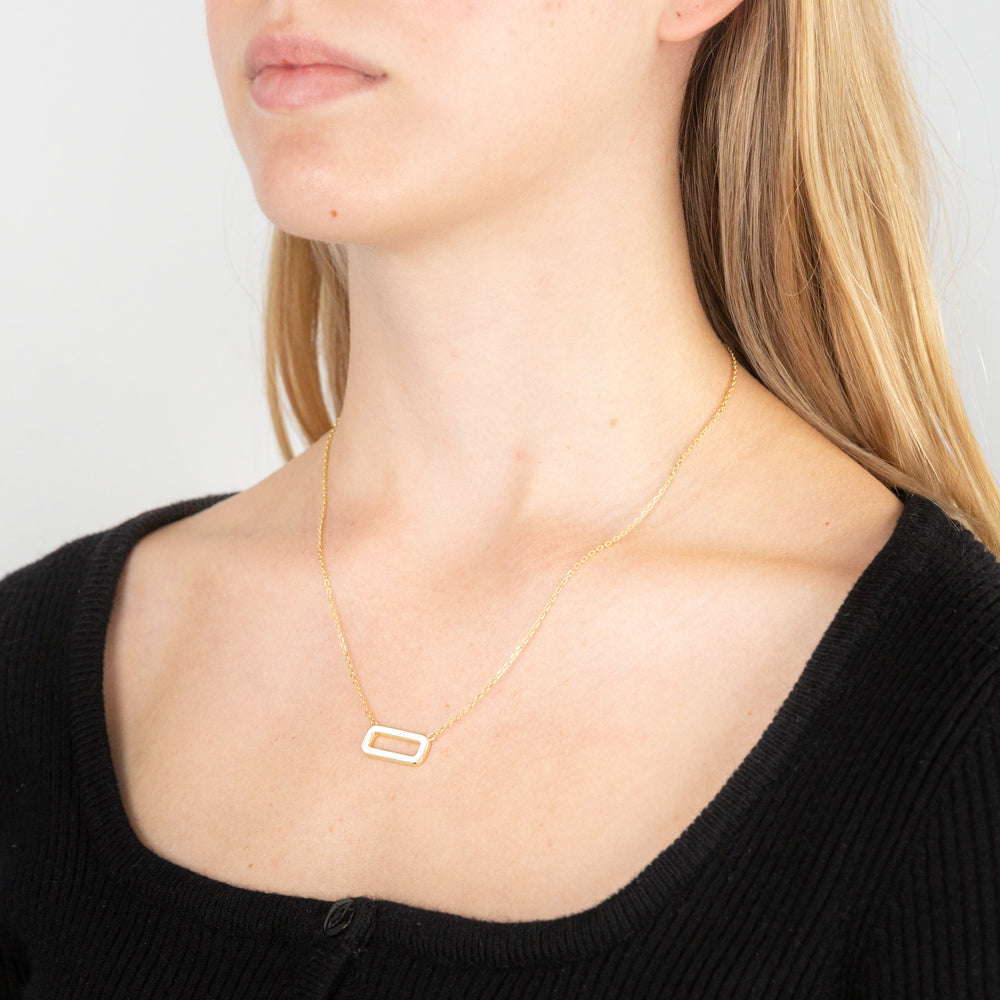 Sterling Silver Gold Plated White Enamel Rectangle Pendant On 45cm Chain
