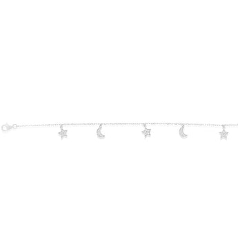 Sterling Silver Rhodium Plated Cubic Zirconia Moon And Star Charm 21.5cm Bracelets