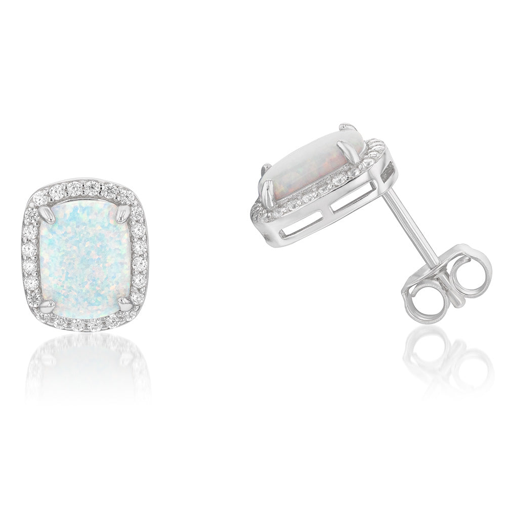 Sterling Silver Rhodium Plated Cubic Zirconia Synthetic Opal Halo Stud Earrings