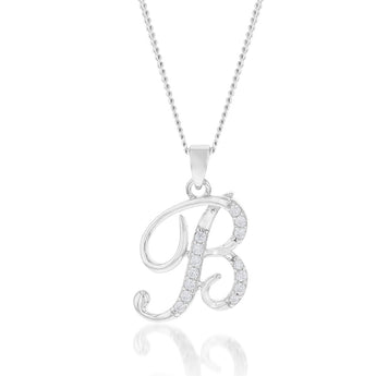 Sterling Silver Rhodium Plated Cubic Zirconia Script "B" Initial Pendant
