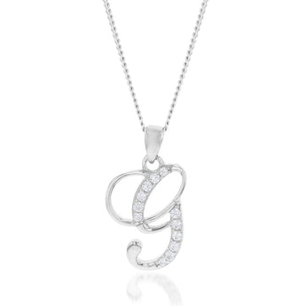 Sterling Silver Rhodium Plated Cubic Zirconia Script "G " Initial Pendant