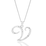 Sterling Silver Rhodium Plated Cubic Zirconia Script "V " Initial Pendant