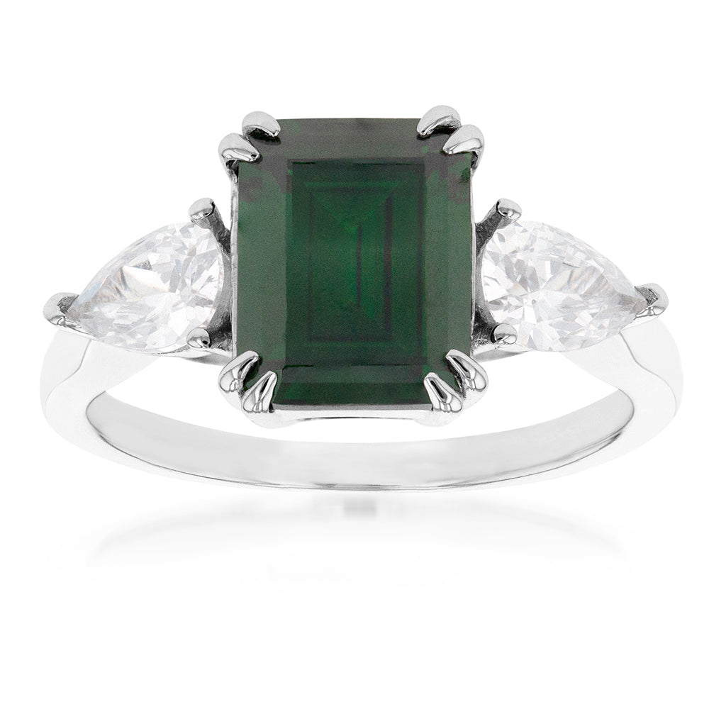 Sterling Silver Rhodium Plated Green And White Cubic Zirconia Emerald Cut Ring