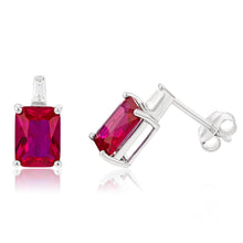Load image into Gallery viewer, Sterling Silver Rhodium Plated Created Ruby And Cubic Zirconia Stud Earrings