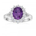 Sterling Silver Oval Cut Purple and White Halo Cubic Zirconia Ring