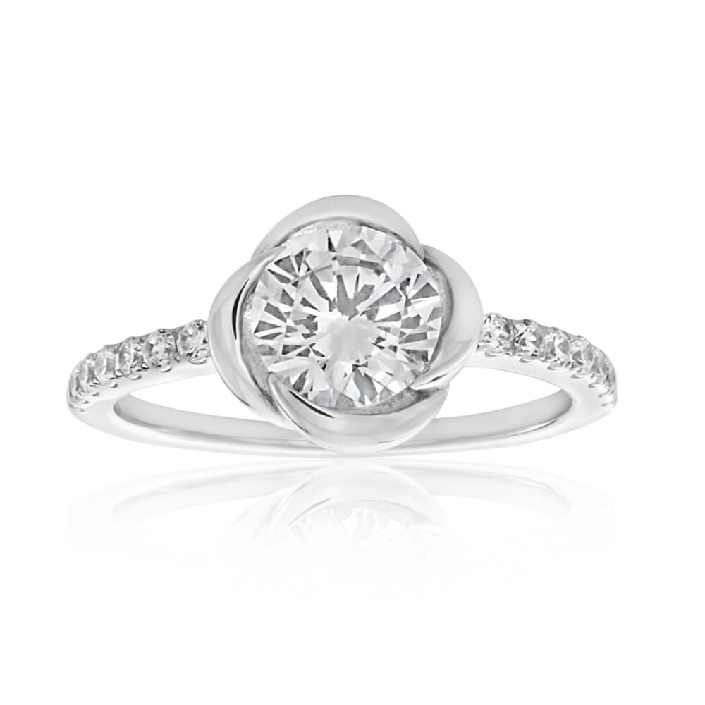 Sterling Silver Rhodium Plated Cubic Zirconia Flower Ring