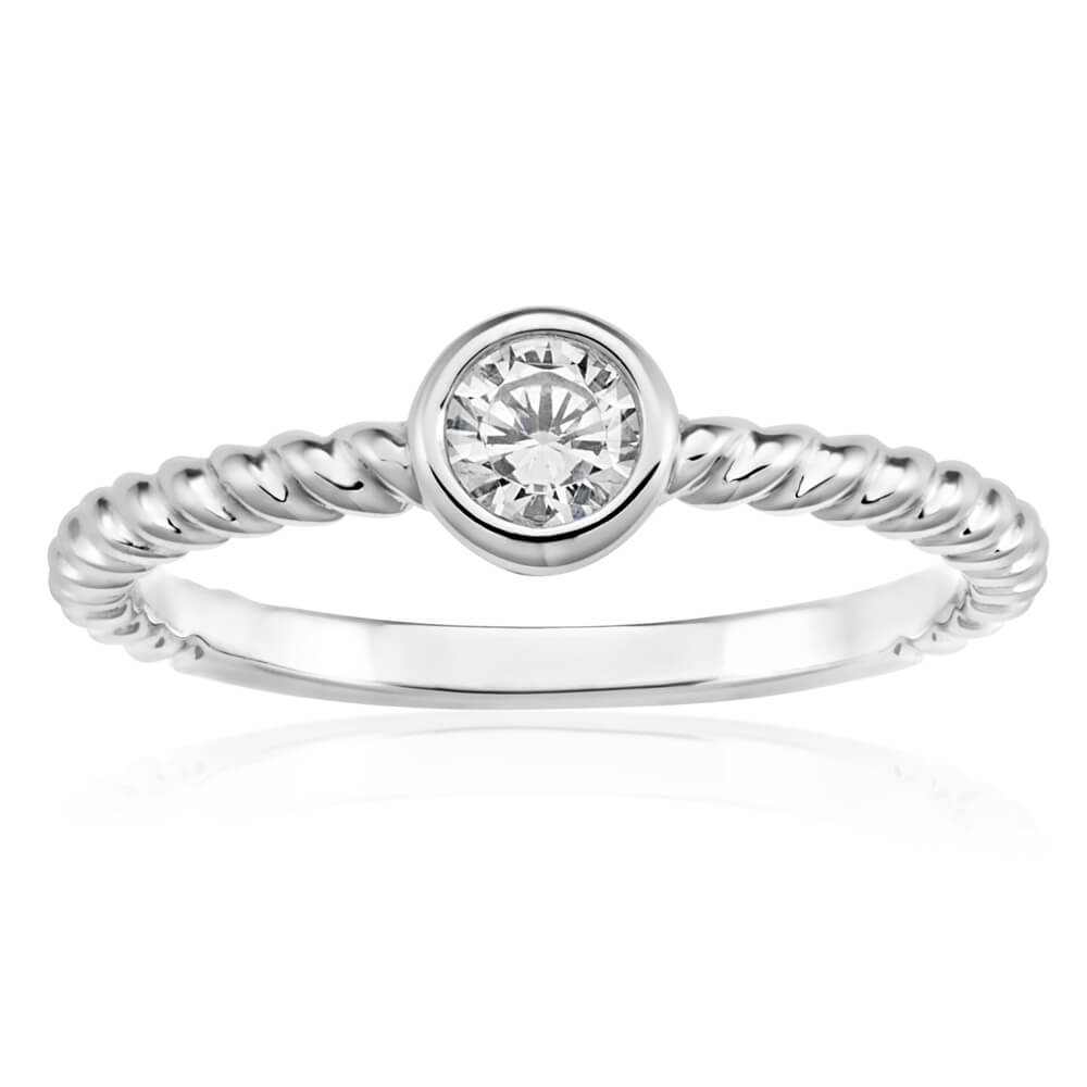 Sterling Silver Rhodium Plated Cubic Zirconia Bezel Set Twist Band Ring