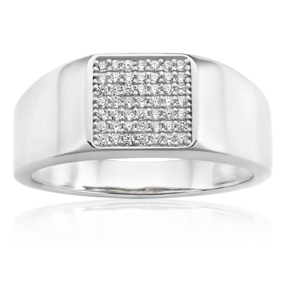 Sterling Silver Rhodium Plated Cubic Zirconia  Signet Ring