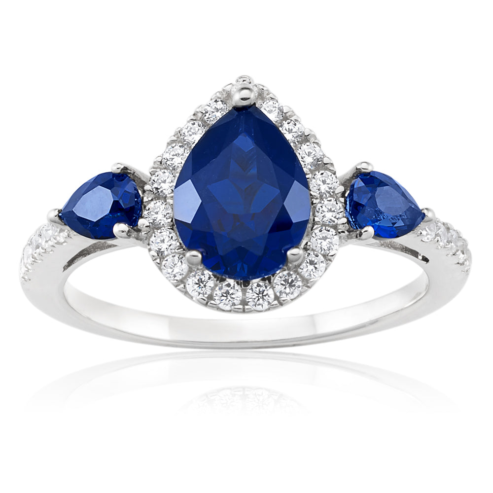 Sterling Silver Rhodium Plated Created Sapphire Pear Shape and Zirconia Ring