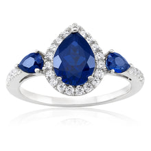 Load image into Gallery viewer, Sterling Silver Rhodium Plated Created Sapphire Pear Shape and Zirconia Ring